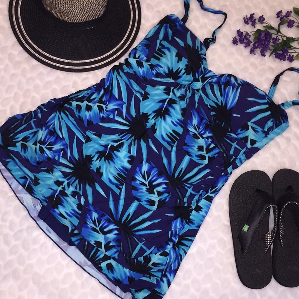 Shore Shapes Sweetheart Palm Leaf Blue Swim Dress